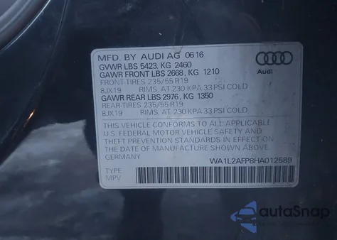 2017 Audi Q5 2.0T Premium из США, поврежденный, VIN WA1L2AFP8HA012589